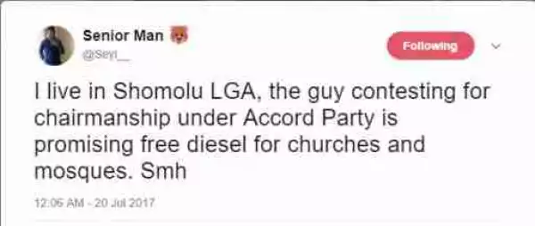 LG Chairmanship Aspirant Promises " Free diesel For Churches And Mosques " In Shomolu